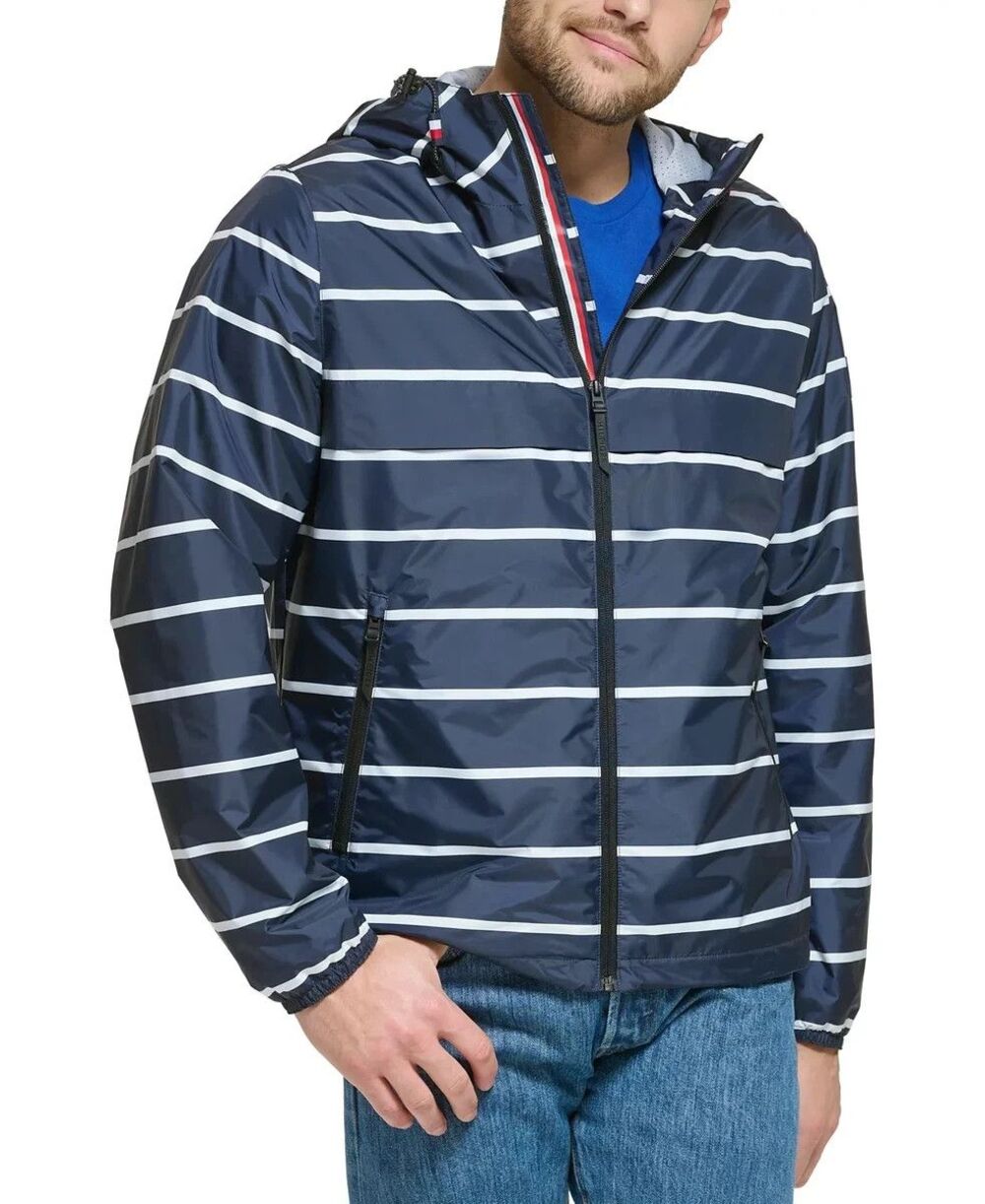 Tommy Hilfiger Windbreaker Jacket Mens Small Blue Stripe Zip Up Hooded Pockets